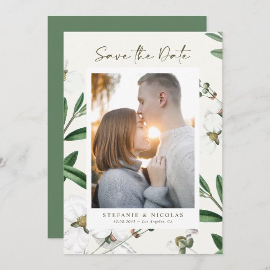 Vintage weiße Blume Botanisches Foto Save The Date (Vorne/Hinten)