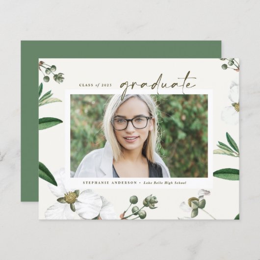 Vintage weiße Blume Foto Abschluss Einladung (Vorne/Hinten)