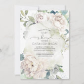 Vintage weiße Blume und Grüne Kinderdusche Einladung (Vorderseite)