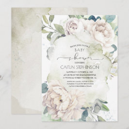 Vintage weiße Blume und Grüne Kinderdusche Einladung