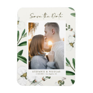 Vintage Weiße Blumen Botanisches Foto Save-the-Dat Magnet