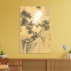 Vintage Weiße Falke auf Kiefernbaum Chinesische Ku Leinwanddruck