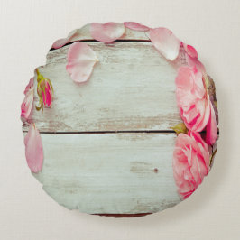 Vintage weiße hölzerne Wandrosa-Rosen, Shabby Chic Rundes Kissen