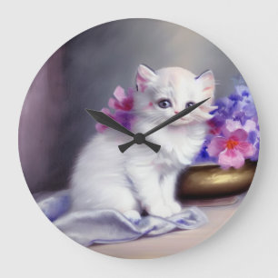 Vintage weiße Kätzchen mit rosa und violetten Blum Große Wanduhr