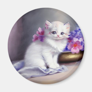 Vintage weiße Kätzchen mit rosa und violetten Blum Magnet