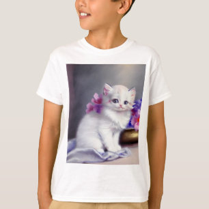 Vintage weiße Kätzchen mit rosa und violetten Blum T-Shirt