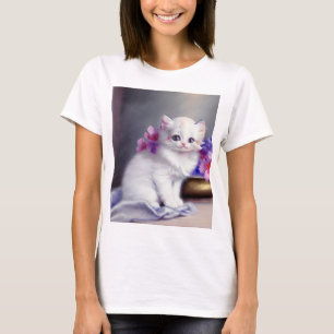 Vintage weiße Kätzchen mit rosa und violetten Blum T-Shirt