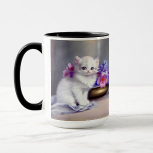 Vintage weiße Kätzchen mit rosa und violetten Blum Tasse
