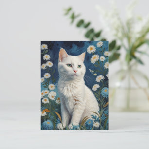 Vintage Weiße Katze Blumen Blaues Porträt Van Gogh Postkarte
