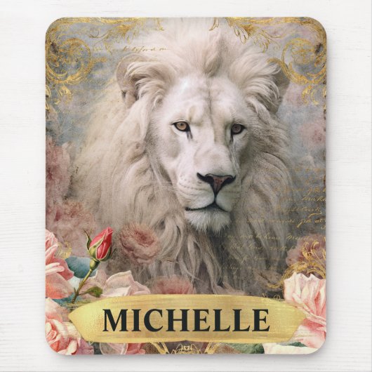 Vintage Weiße Löwen und Rosen Mousepad (Vorne)