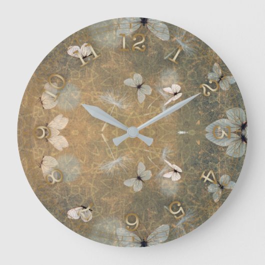 Vintage weiße Schmetterlinge und fliegende Lüster Große Wanduhr (Vorderseite)