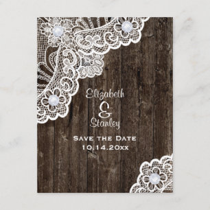 Vintage weiße Spitze, alte Holzhochzeit Save the D Date