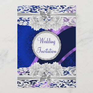 Vintage weiße Spitzehochzeit des Marineblaus Einladung