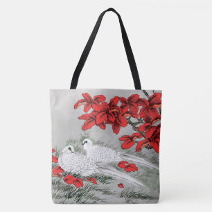 Vintage weiße Tauben und Rot-Blätter auf Grau Tasche