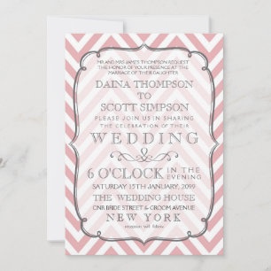 Vintage Weiße und Rosa Chevron-Streifen Hochzeit Einladung