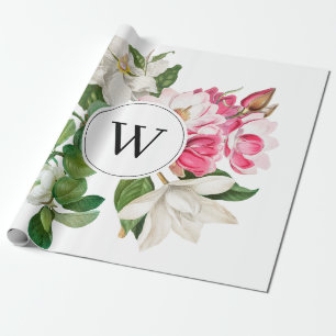 Vintage Weiße und Rosa Magnolienblüten Monogramm Geschenkpapier