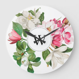 Vintage Weiße und Rosa Magnolienblüten Monogramm Große Wanduhr