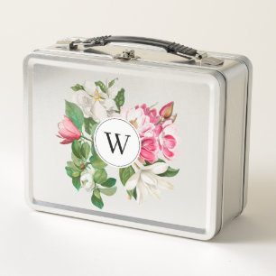 Vintage Weiße und Rosa Magnolienblüten Monogramm Metall Brotdose