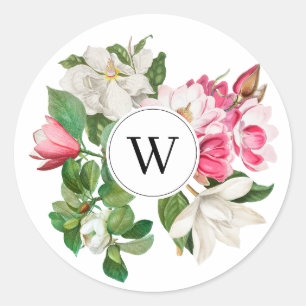Vintage Weiße und Rosa Magnolienblüten Monogramm Runder Aufkleber