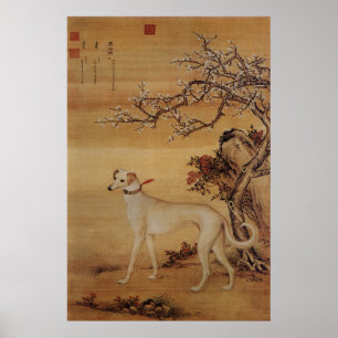 Vintage Weiße Windhund unter Blüten Poster