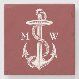 Vintage Weißer Anker mit Seil Weinrot Nautical Steinuntersetzer