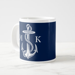 Vintage Weißer Anker Seil auf Navy Blauem Hintergr Jumbo-Tasse