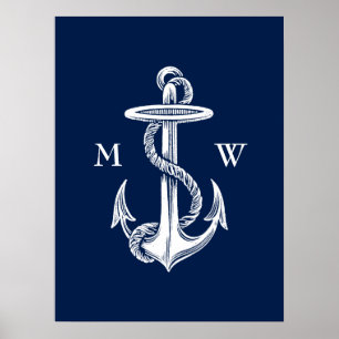 Vintage Weißer Anker Seil auf Navy Blauem Hintergr Poster