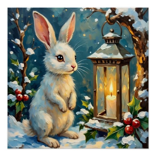 Vintage Weißer Hase mit Weihnachtslaterne Poster (Vorderseite)