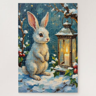 Vintage Weißer Hase mit Weihnachtslaterne Puzzle