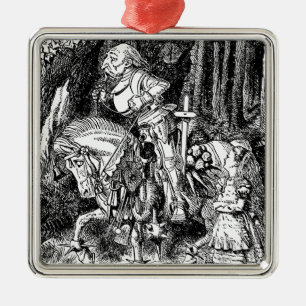Vintage Weißer Ritter auf Pferd Alice im Wunderlan Silbernes Ornament