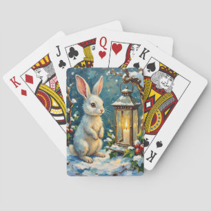 Vintage Weißes Kaninchen mit Weihnachtslaterne Spielkarten