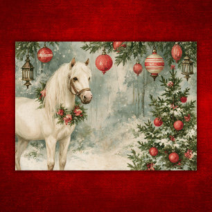 Vintage Weißes Pferd mit Kranz und Weihnachtsbaum Feiertagskarte