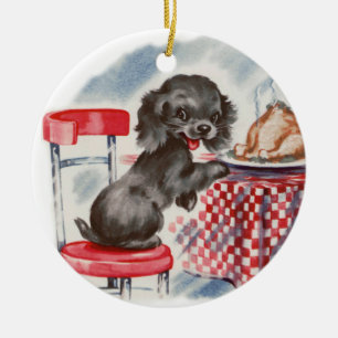 Vintage Welpe am Esstisch Keramikornament