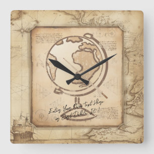 Vintage Welt. Geschenk für Geografie und Geschicht Quadratische Wanduhr