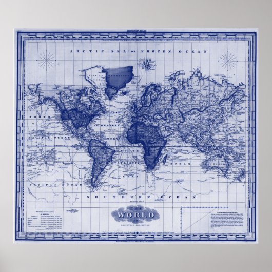 Vintage Weltkarte (1833) White & Blue Poster (Vorne)
