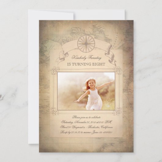 Vintage Weltkarte Altes Foto Geburtstag Einladung (Vorderseite)