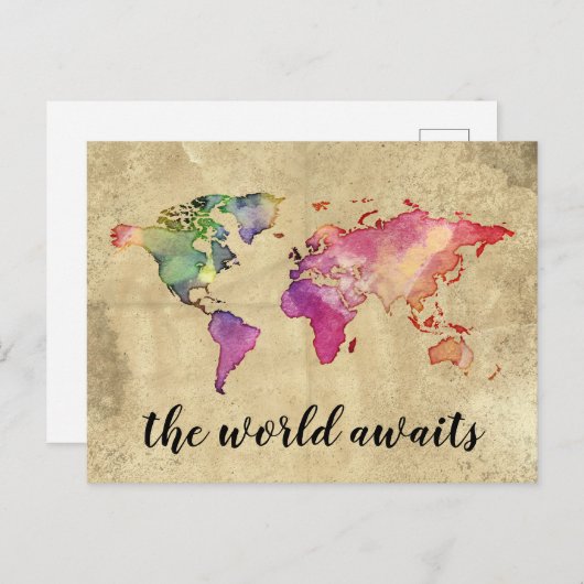 Vintage Weltkarte | Die Welt erwartet Postkarte (Vorne/Hinten)