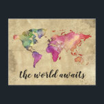 Vintage Weltkarte | Die Welt erwartet Postkarte<br><div class="desc">Die Welt ist dein Abenteuer! Personalisieren Sie diese Vintage Postkarte mit Ihrem eigenen Gruß.</div>