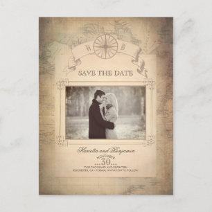 Vintage Weltkarte Foto Save-the-Date Ankündigungspostkarte