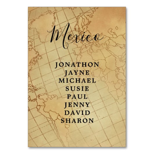 Vintage Weltkarte für Hochzeitstisch Tischnummer (Vorderseite)