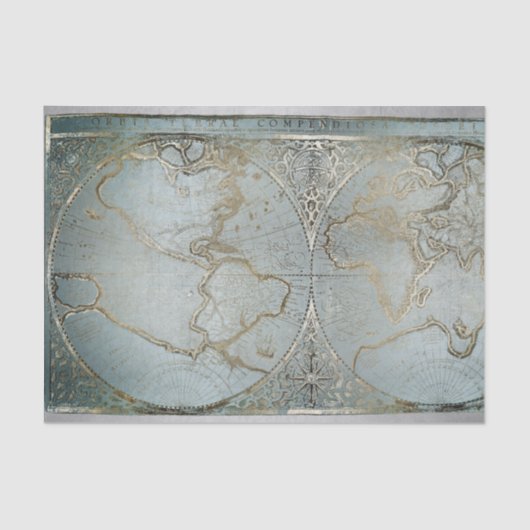 Vintage Weltkarte Gold Grau Blau Seidenpapier (Vorderseite)