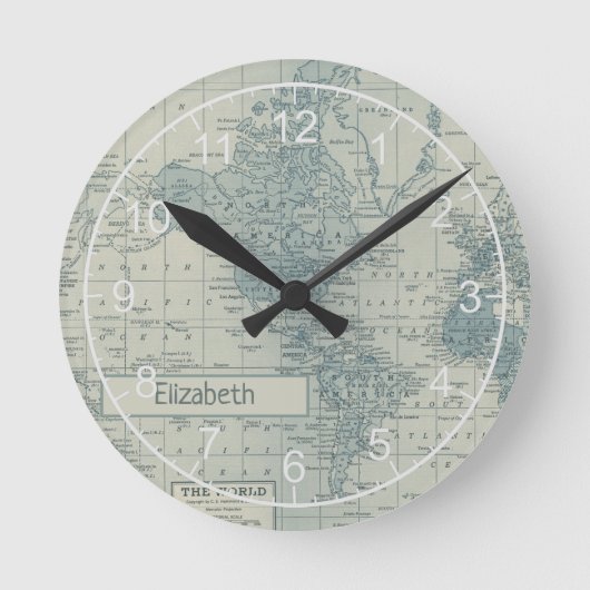 Vintage Weltkarte Ihren eigenen Namen anpassen Runde Wanduhr (Vorderseite)