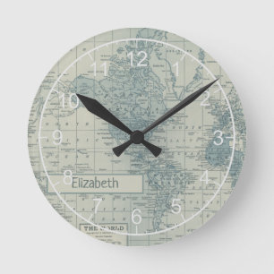 Vintage Weltkarte passt Ihren eigenen Namen an Runde Wanduhr