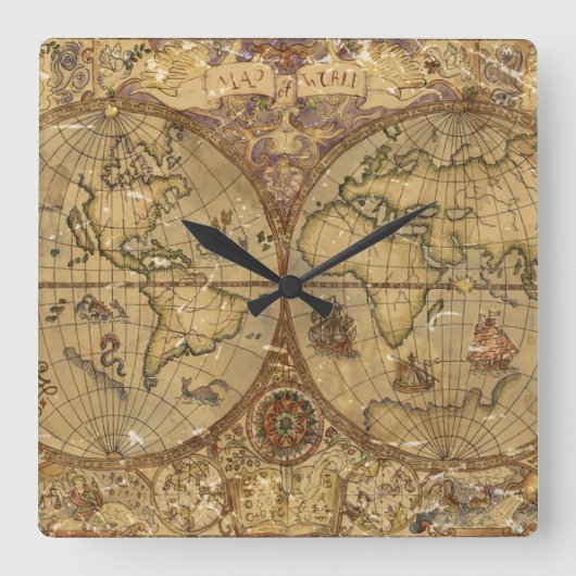 Vintage Weltkarte Quadratische Wanduhr (Vorderseite)