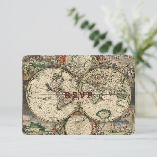 Vintage Weltkarte RSVP Karte (Stehend Vorderseite)