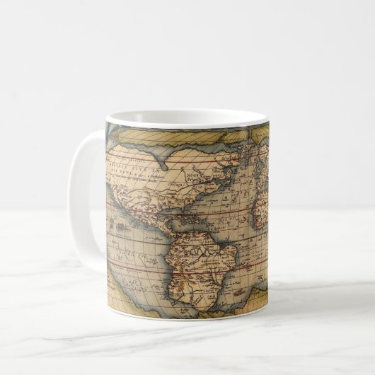 Vintage Weltkarte von Abraham Ortelius 1564 Kaffeetasse (Vorderseite Links)