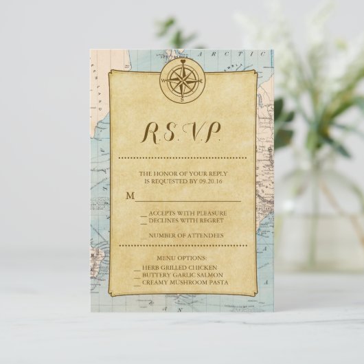 Vintage Weltreise Map Wedding RSVP (Stehend Vorderseite)