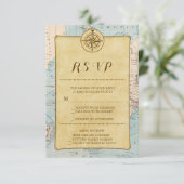 Vintage Weltreise Map Wedding RSVP Karte (Stehend Vorderseite)