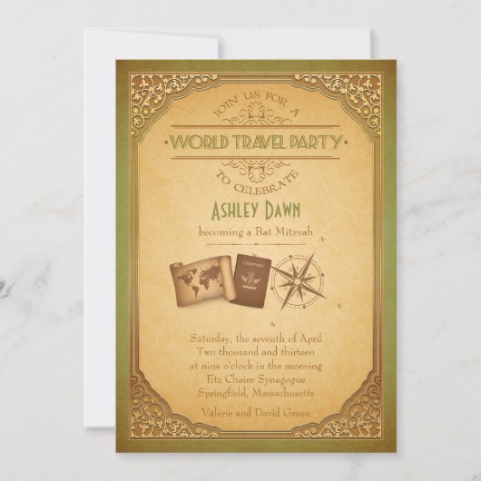 Vintage Weltreisenbat Mitzvah Einladung (Vorderseite)