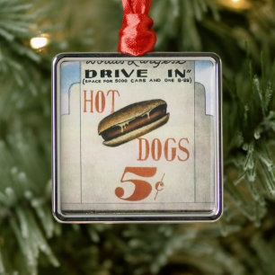 Vintage Werbeplakat, größtes Drive-In für Hotdogs Silbernes Ornament